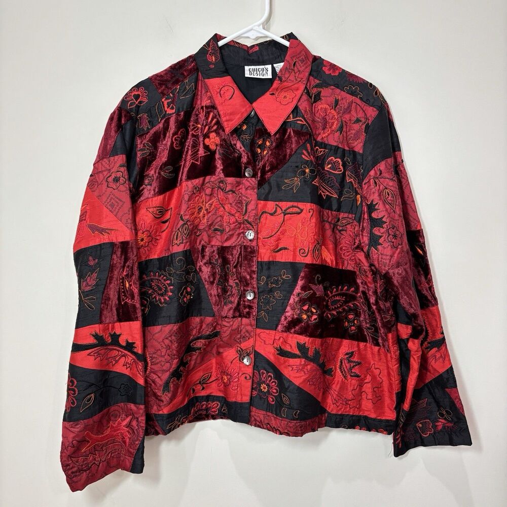 Chico's Velvet Floral Patchwork Silk Blend Jacket Red 3/L Embroidered Boho Artsy
